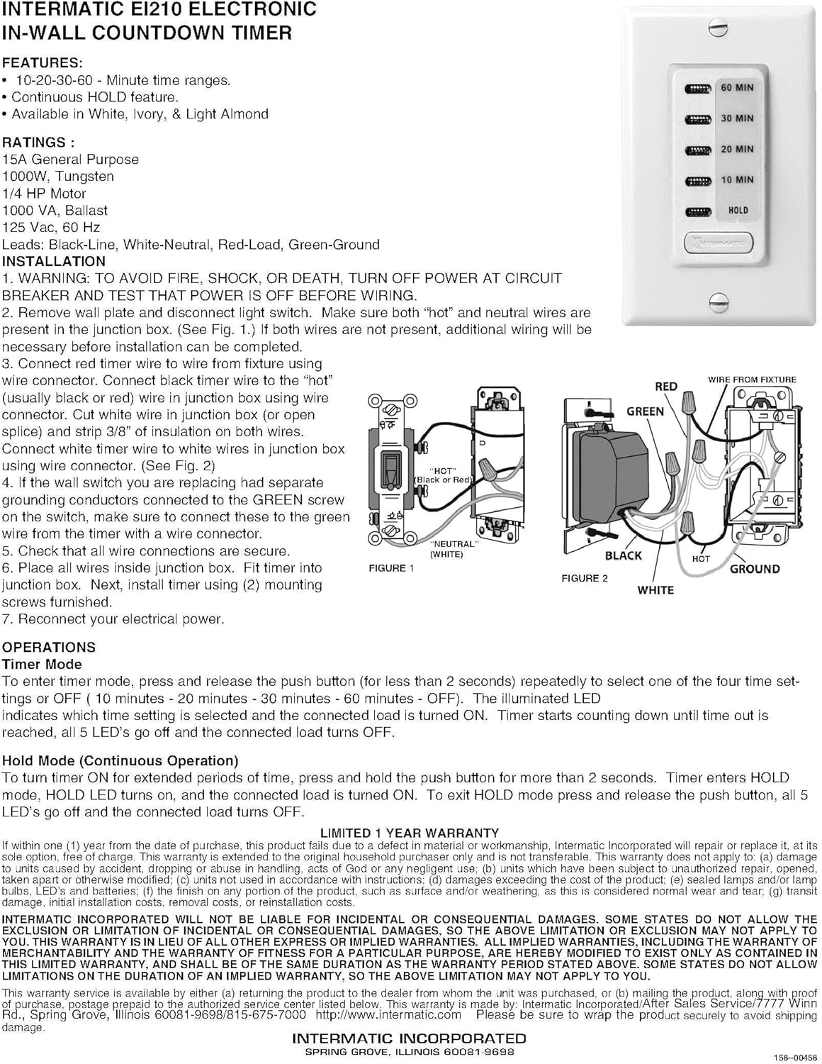 Intermatic EI210W Electronic Auto-Off Timer - Easy Operation, Silent Functionality, White Finish - Versatile Home Switch for Lights, Fans, Appliances