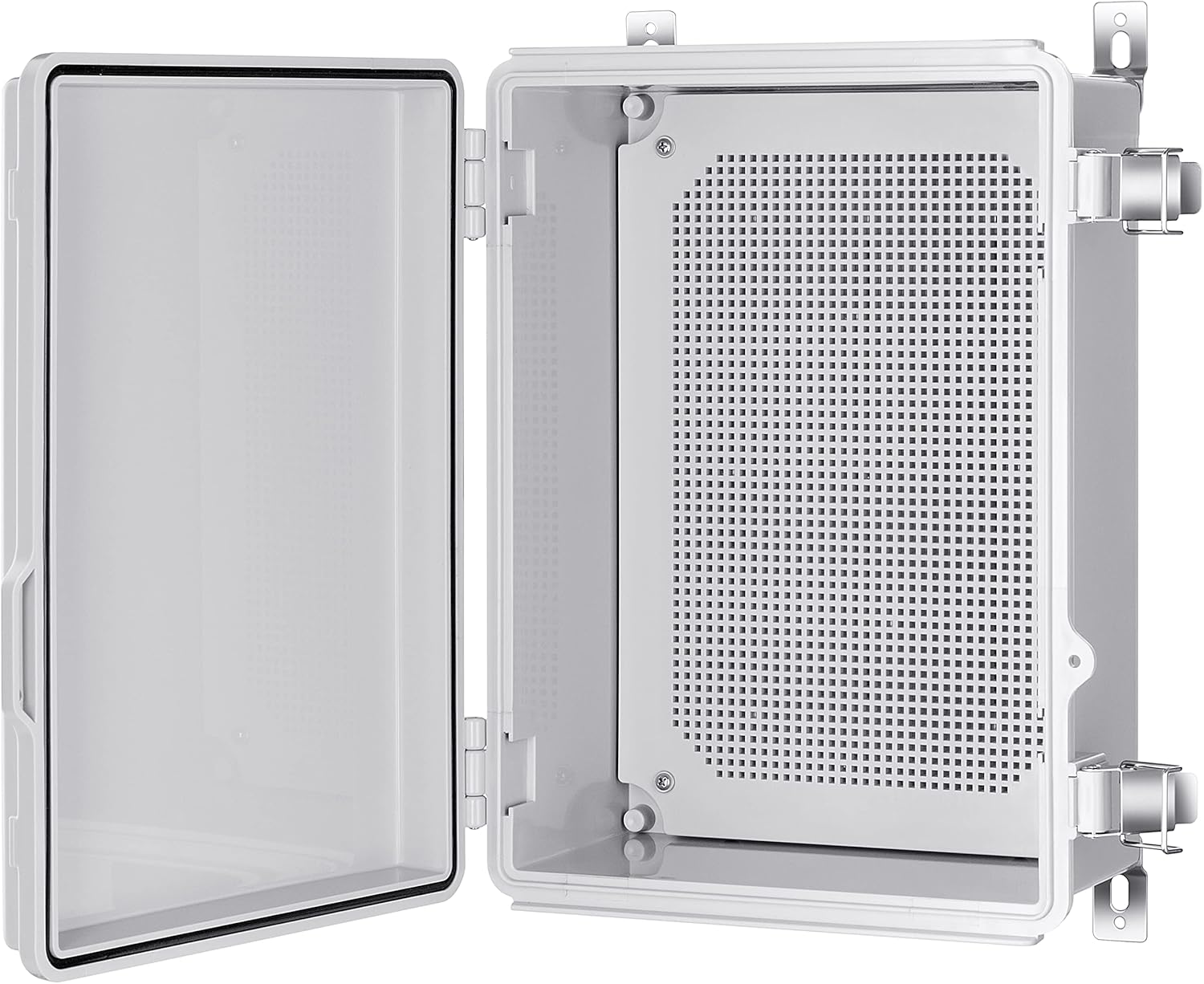 IP67 Waterproof Plastic Junction Box for Electrical Projects, Hinged Grey Cover, Mounting Plate, Wall Bracket - 370x270x150mm