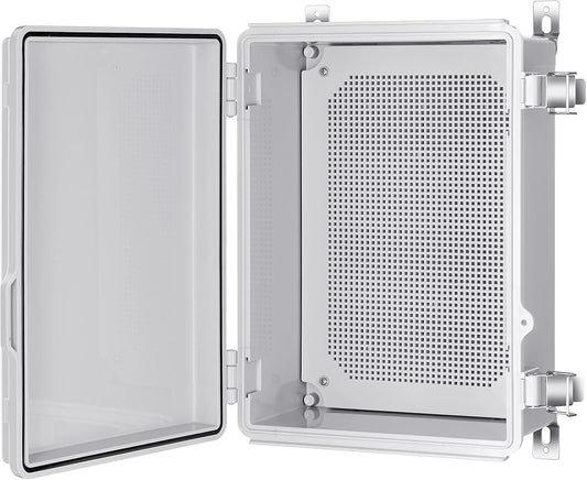 IP67 Waterproof Plastic Junction Box for Electrical Projects, Hinged Grey Cover, Mounting Plate, Wall Bracket - 370x270x150mm