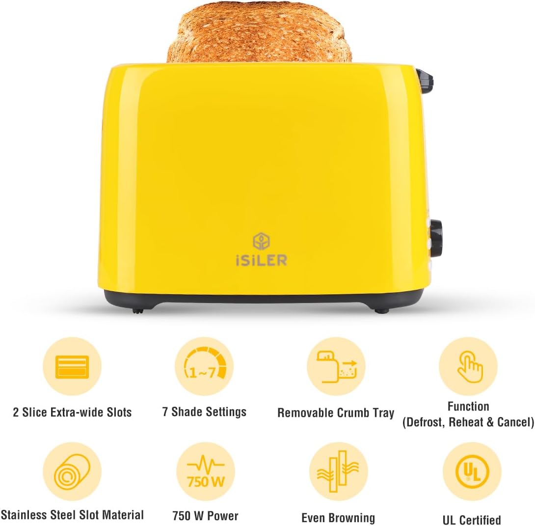 iSiLER 2 Slice Bagel Toaster with 7 Shade Settings, Double Side Baking, and Removable Crumb Tray - Yellow