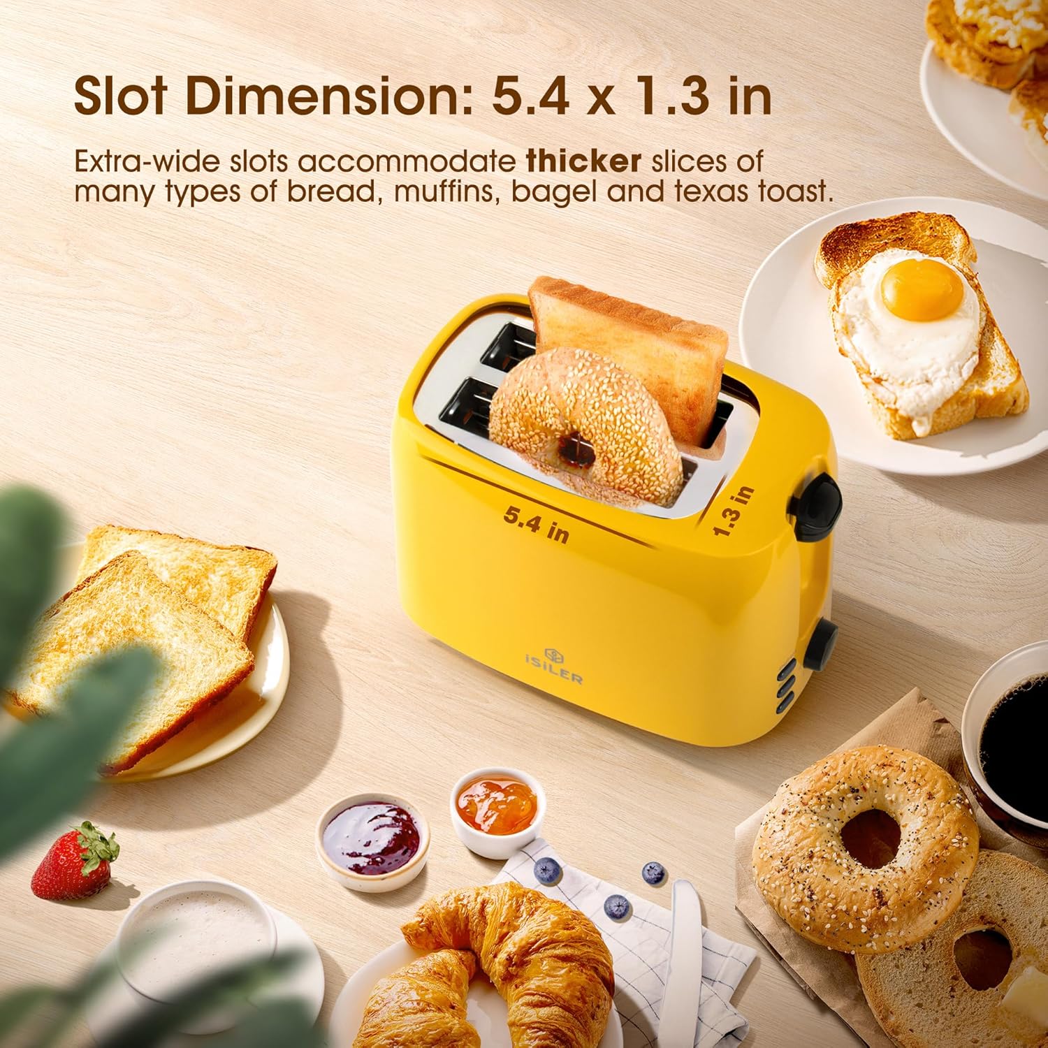 iSiLER 2 Slice Bagel Toaster with 7 Shade Settings, Double Side Baking, and Removable Crumb Tray - Yellow
