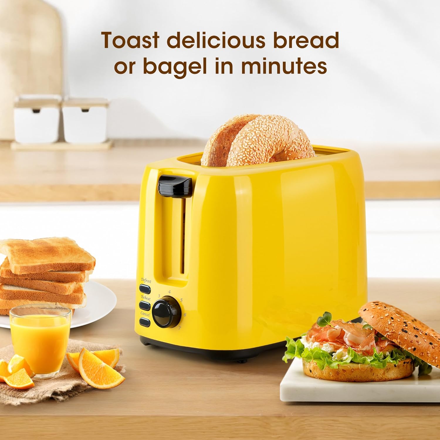 iSiLER 2 Slice Bagel Toaster with 7 Shade Settings, Double Side Baking, and Removable Crumb Tray - Yellow