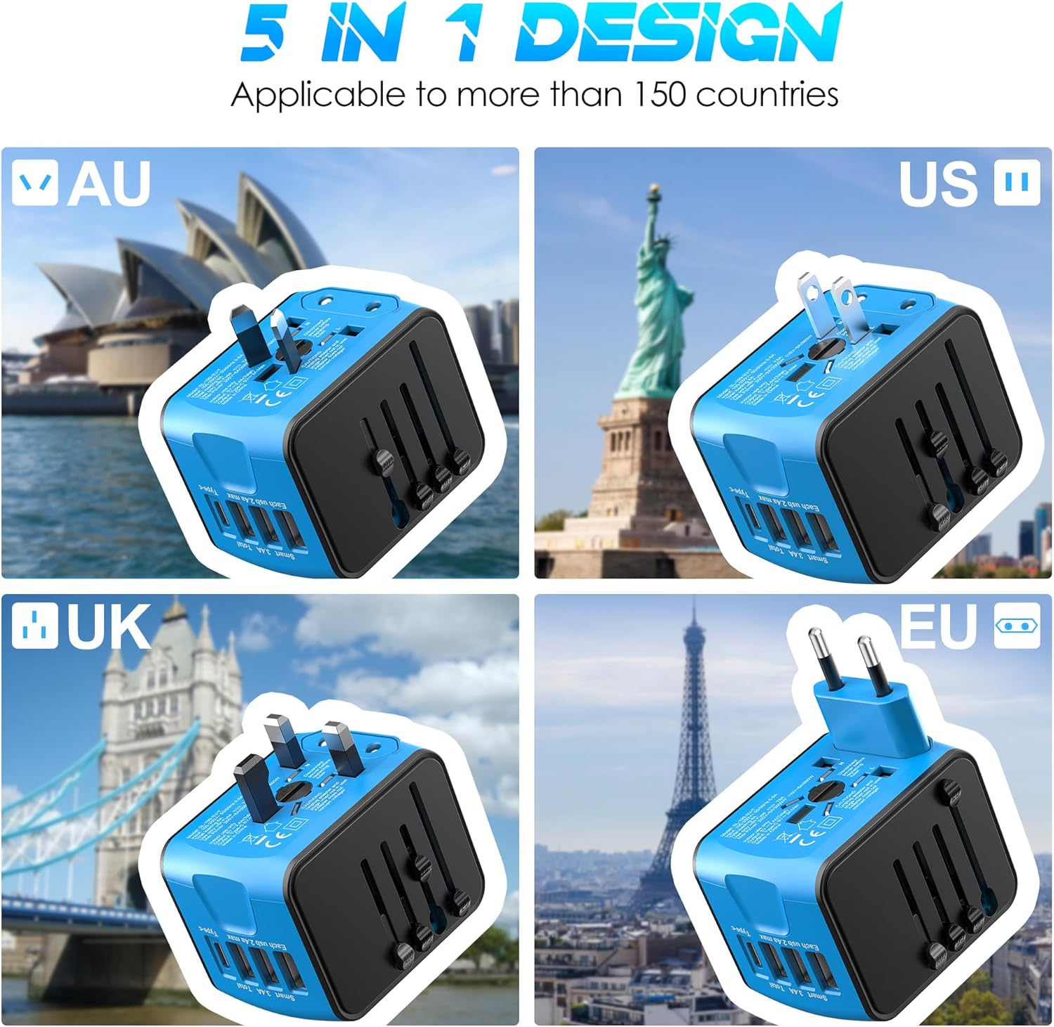 ISIX Universal Travel Adapter with 4 USB Ports & AC Outlet - Worldwide Plug Charger for US to Europe, UK, AUS