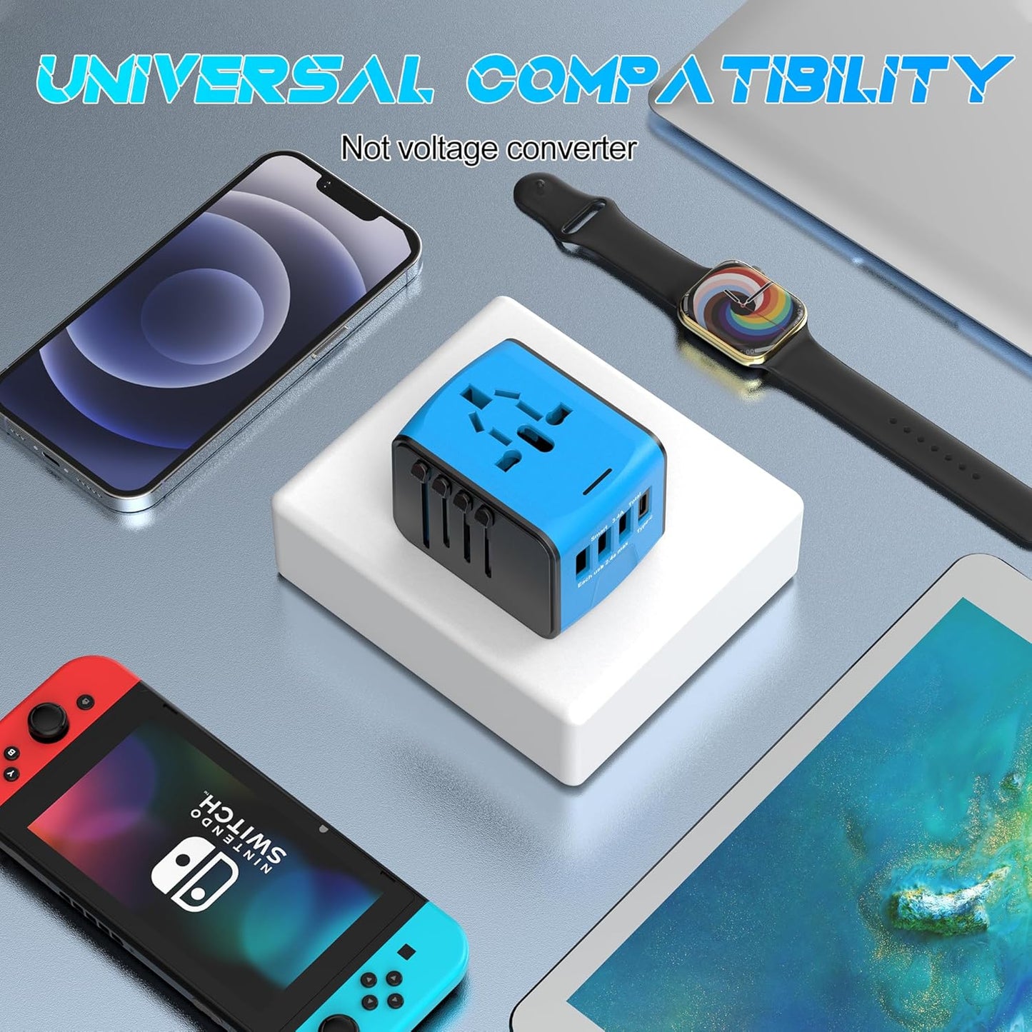 ISIX Universal Travel Adapter with 4 USB Ports & AC Outlet - Worldwide Plug Charger for US to Europe, UK, AUS