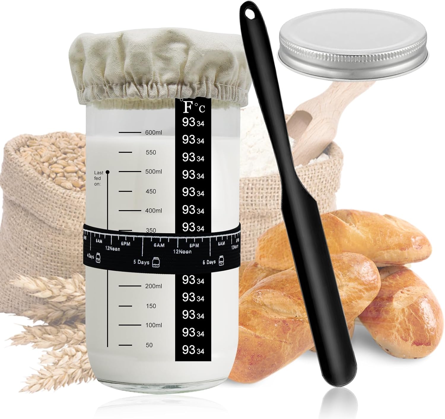IYARKAI® 34oz Sourdough Starter Jar Kit with Glass, Lid, Thermometer - Reusable Beginner Yeast Set
