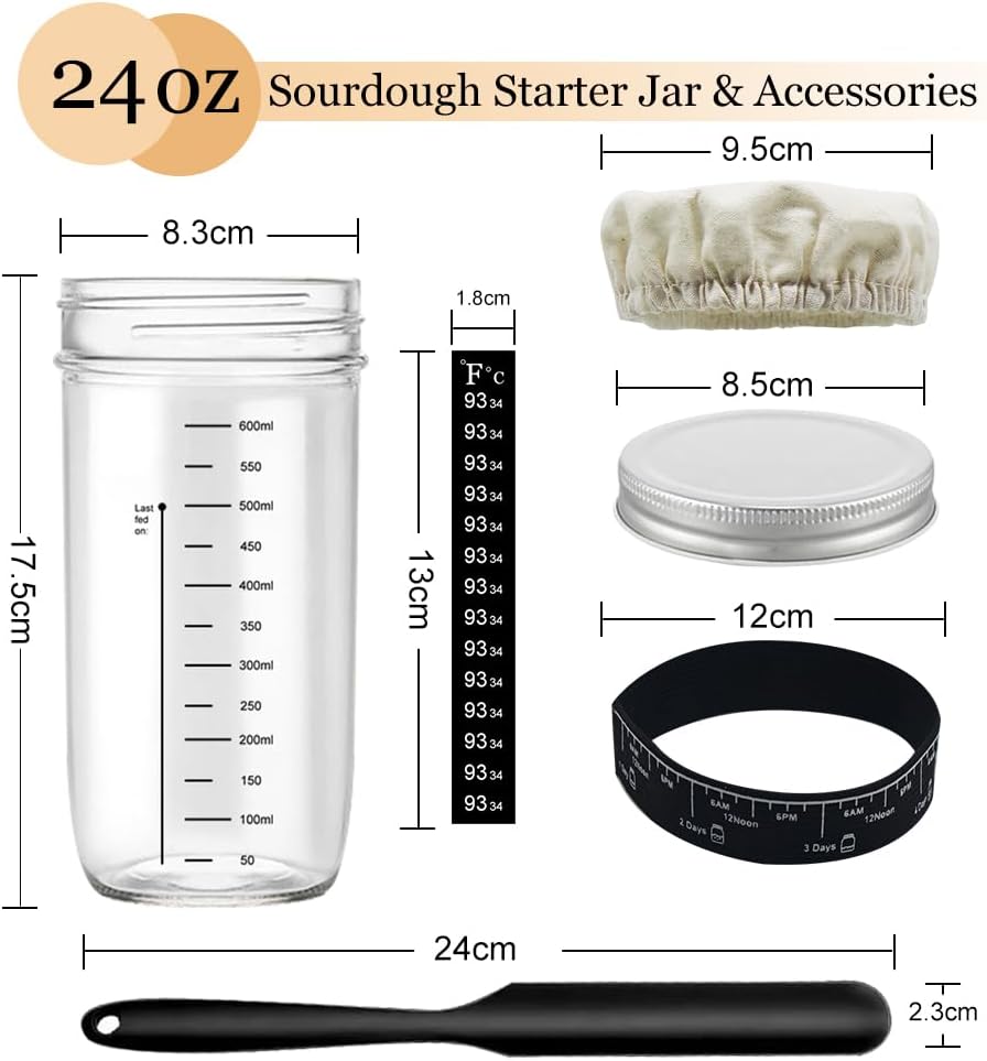 IYARKAI® 34oz Sourdough Starter Jar Kit with Glass, Lid, Thermometer - Reusable Beginner Yeast Set