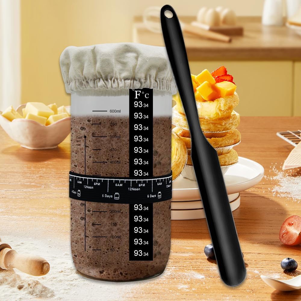 IYARKAI® 34oz Sourdough Starter Jar Kit with Glass, Lid, Thermometer - Reusable Beginner Yeast Set