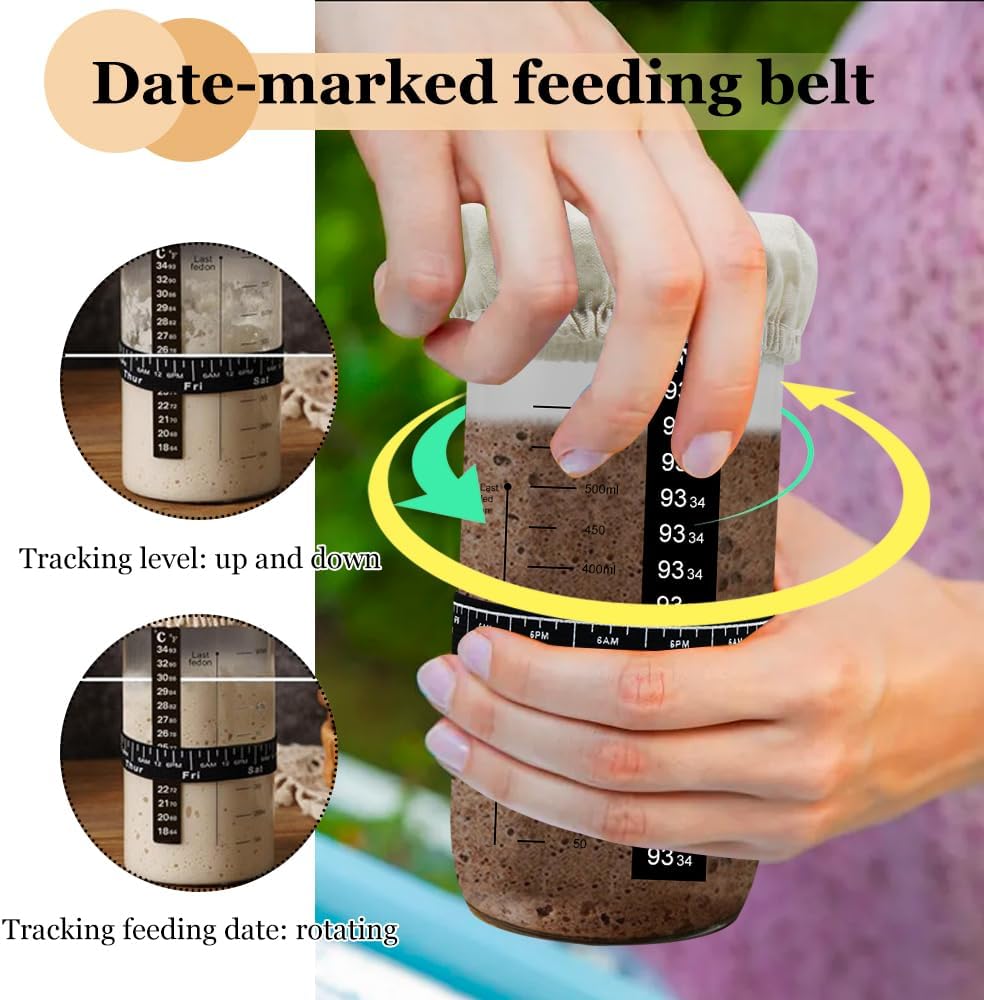 IYARKAI® 34oz Sourdough Starter Jar Kit with Glass, Lid, Thermometer - Reusable Beginner Yeast Set