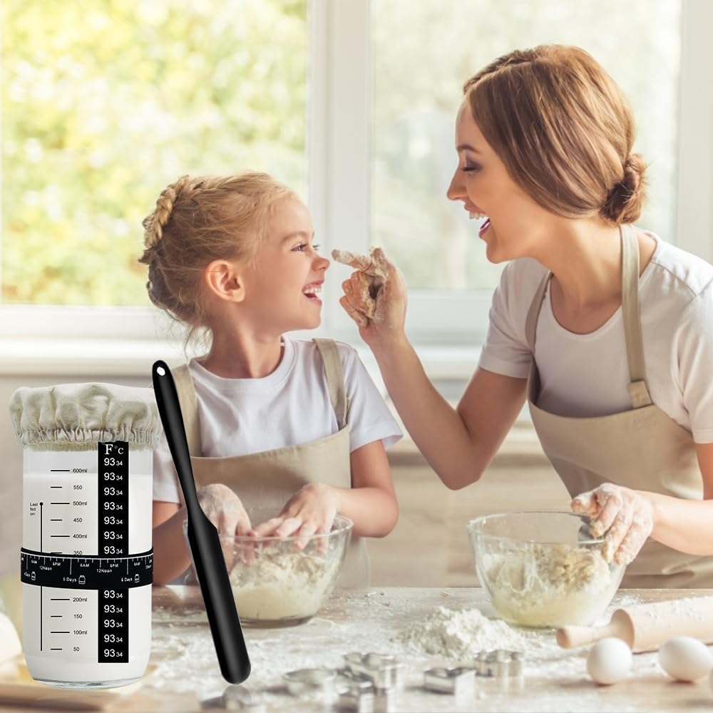 IYARKAI® 34oz Sourdough Starter Jar Kit with Glass, Lid, Thermometer - Reusable Beginner Yeast Set