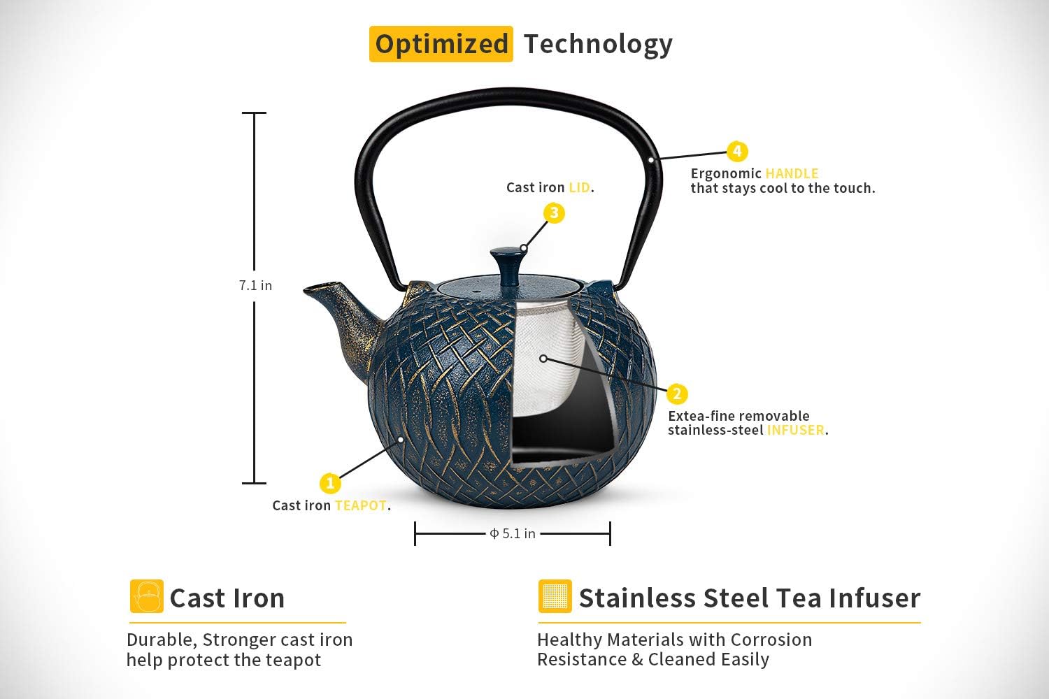 Japanese Cast Iron Tea Kettle for Stove Top with Infusers - 34 oz (1000 ml) Navy Melody