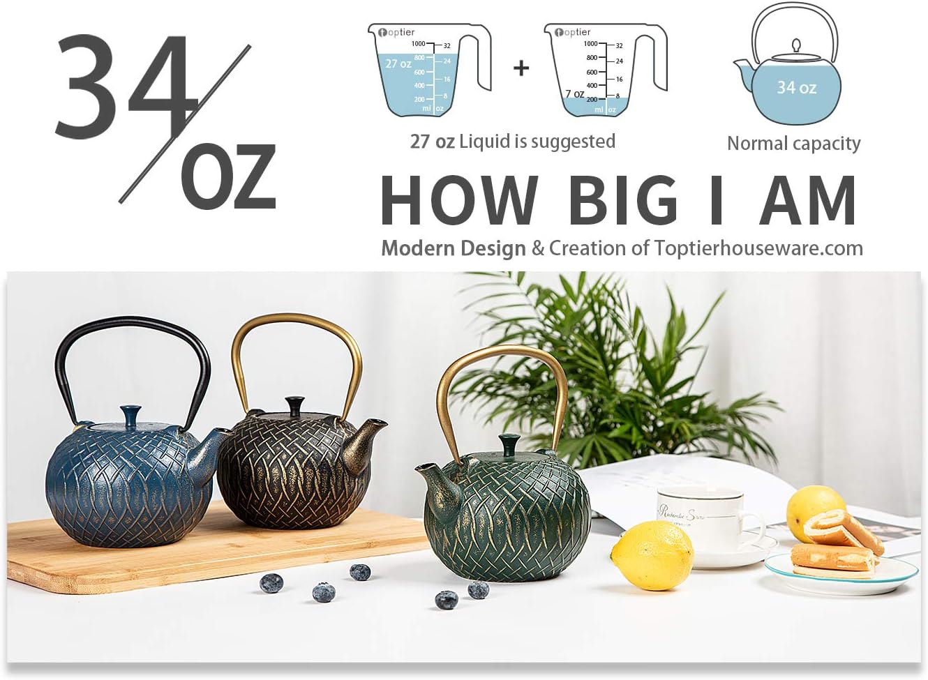 Japanese Cast Iron Tea Kettle for Stove Top with Infusers - 34 oz (1000 ml) Navy Melody