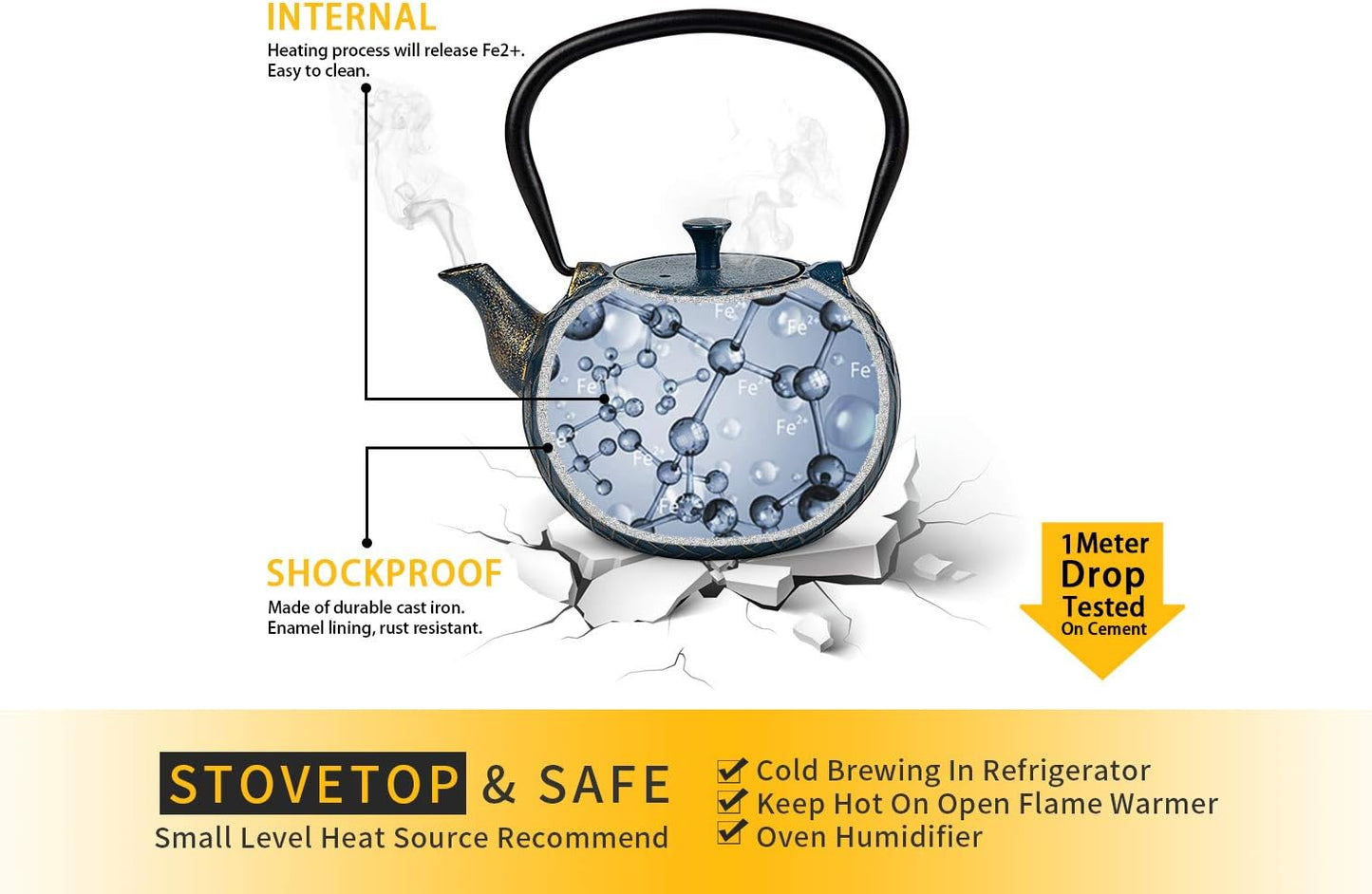 Japanese Cast Iron Tea Kettle for Stove Top with Infusers - 34 oz (1000 ml) Navy Melody