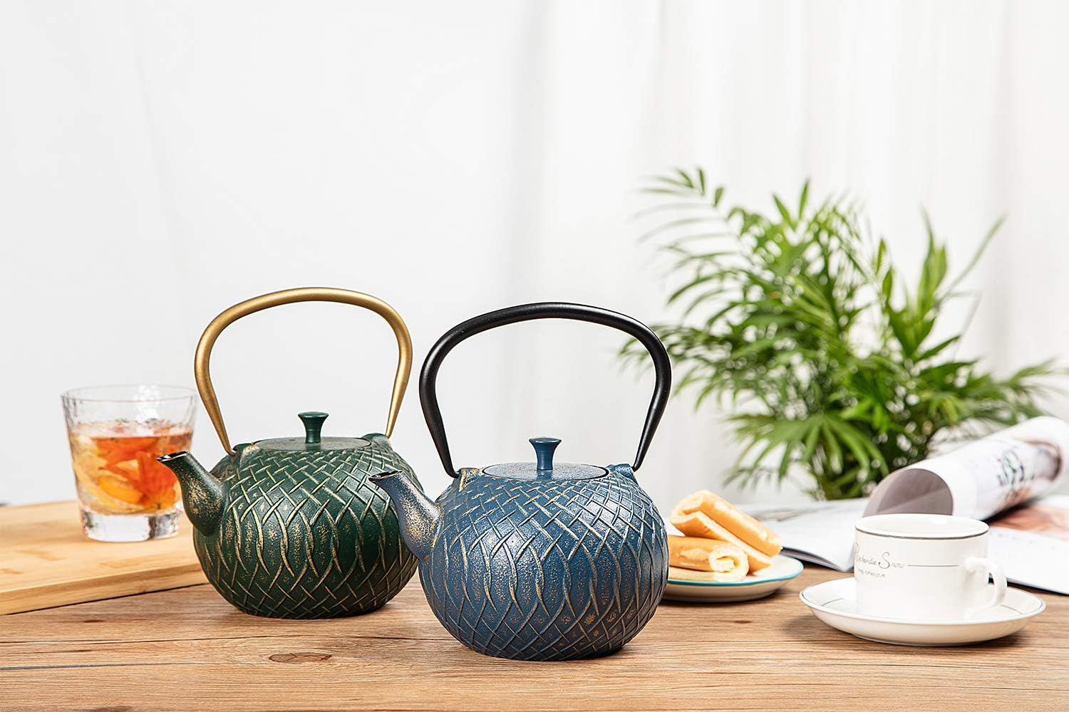 Japanese Cast Iron Tea Kettle for Stove Top with Infusers - 34 oz (1000 ml) Navy Melody