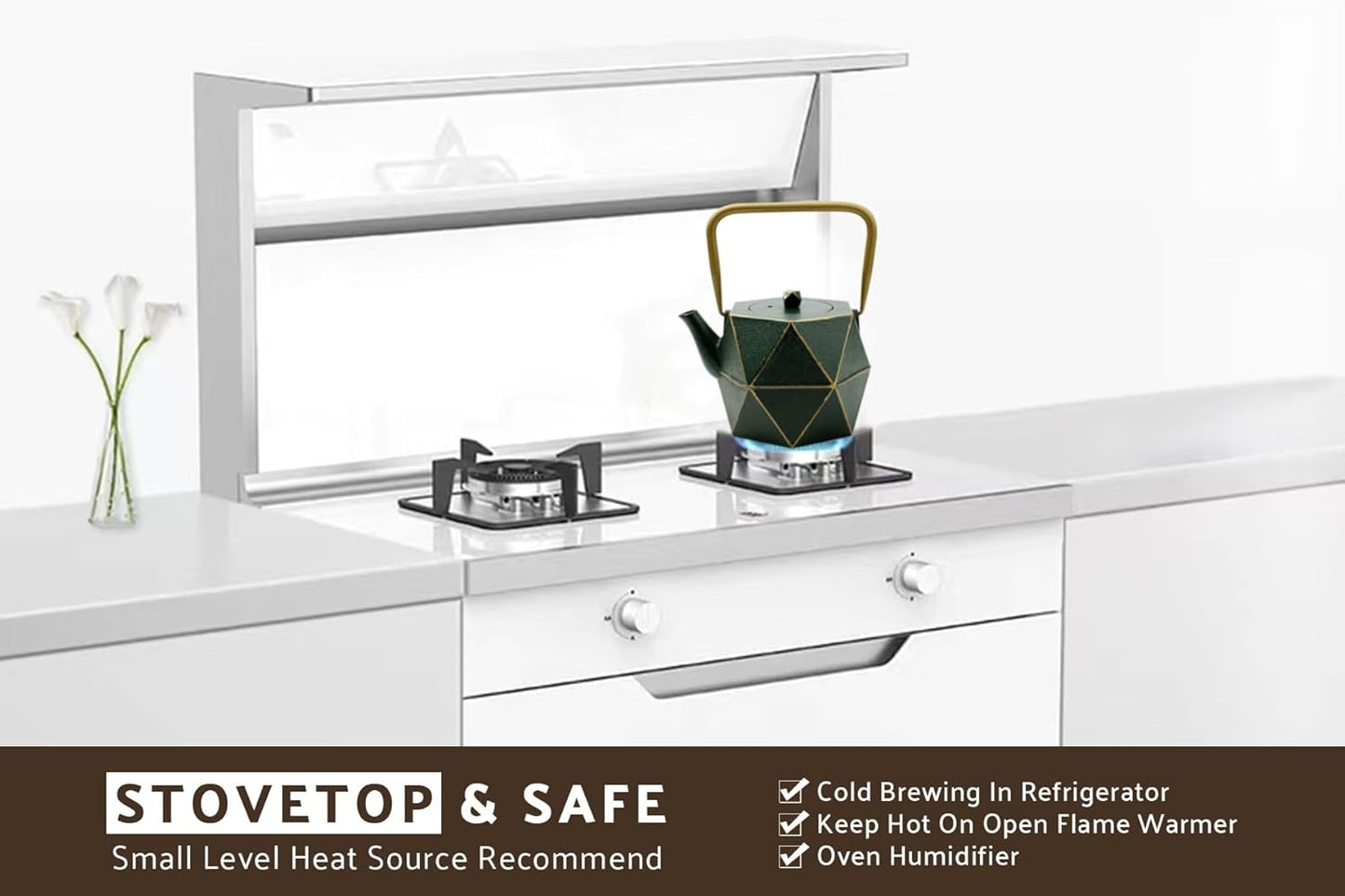 Japanese Cast Iron Teapot with Diamond Design, Stovetop Safe Tea Kettle, 30 oz (900 ml) Dark Green, Removable Infuser