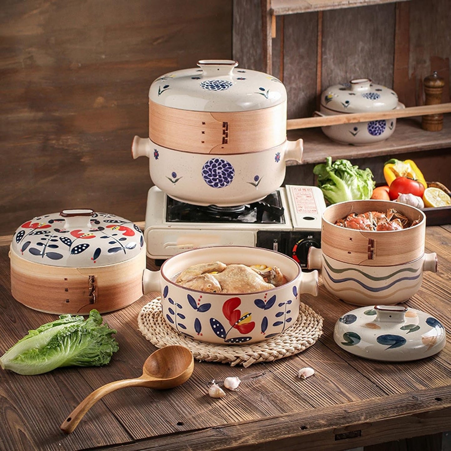 Japanese Ceramic Casserole Pot with Steamer Basket - Soup Stew Clay Pot for Healthy Cooking - 4L