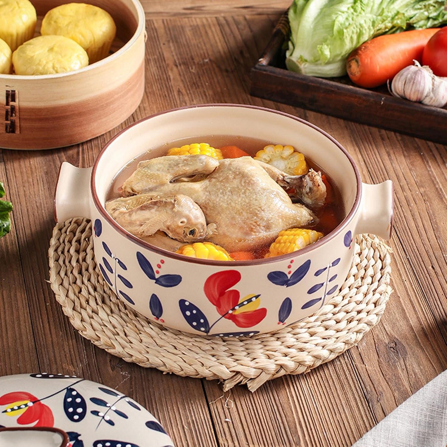 Japanese Ceramic Casserole Pot with Steamer Basket - Soup Stew Clay Pot for Healthy Cooking - 4L