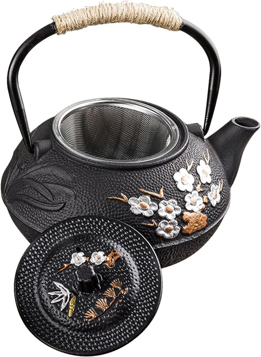 Japanese Plum Blossom Cast Iron Teapot with Infuser - Stovetop Safe Enameled Tea Kettle 10.14oz/300ml