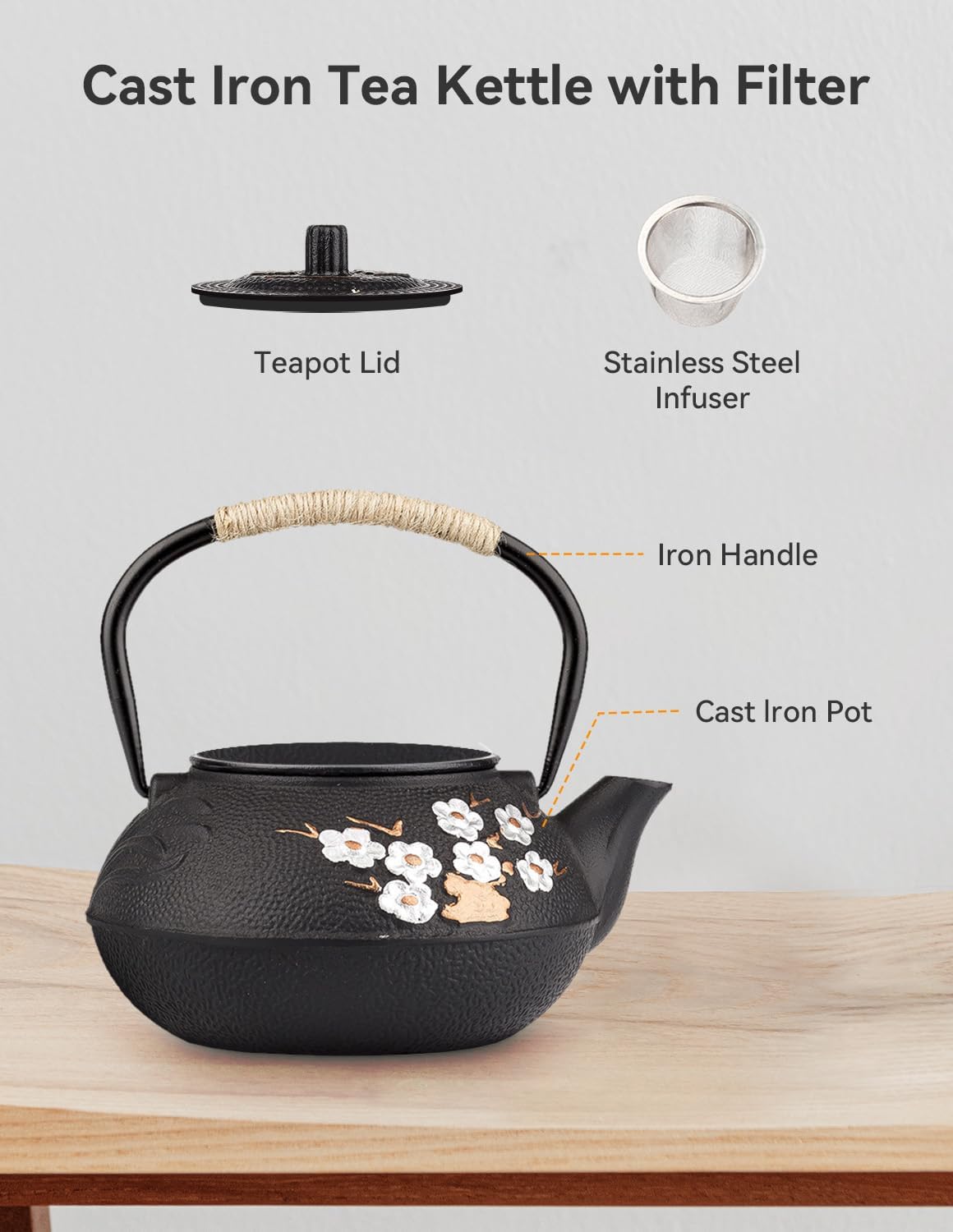 Japanese Plum Blossom Cast Iron Teapot with Infuser - Stovetop Safe Enameled Tea Kettle 10.14oz/300ml