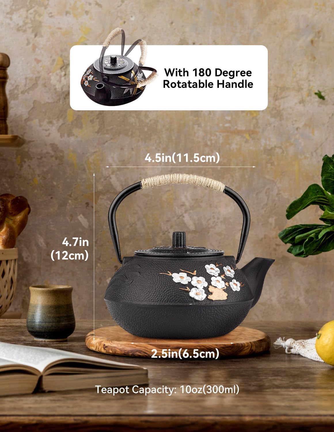 Japanese Plum Blossom Cast Iron Teapot with Infuser - Stovetop Safe Enameled Tea Kettle 10.14oz/300ml