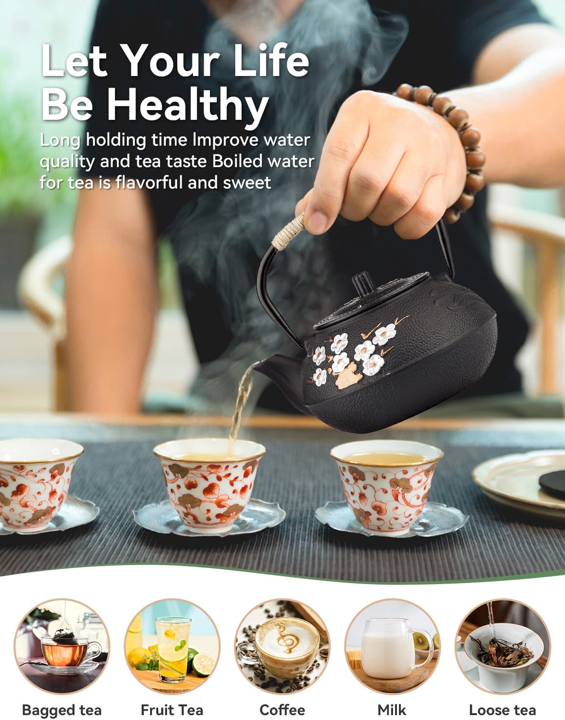 Japanese Plum Blossom Cast Iron Teapot with Infuser - Stovetop Safe Enameled Tea Kettle 10.14oz/300ml
