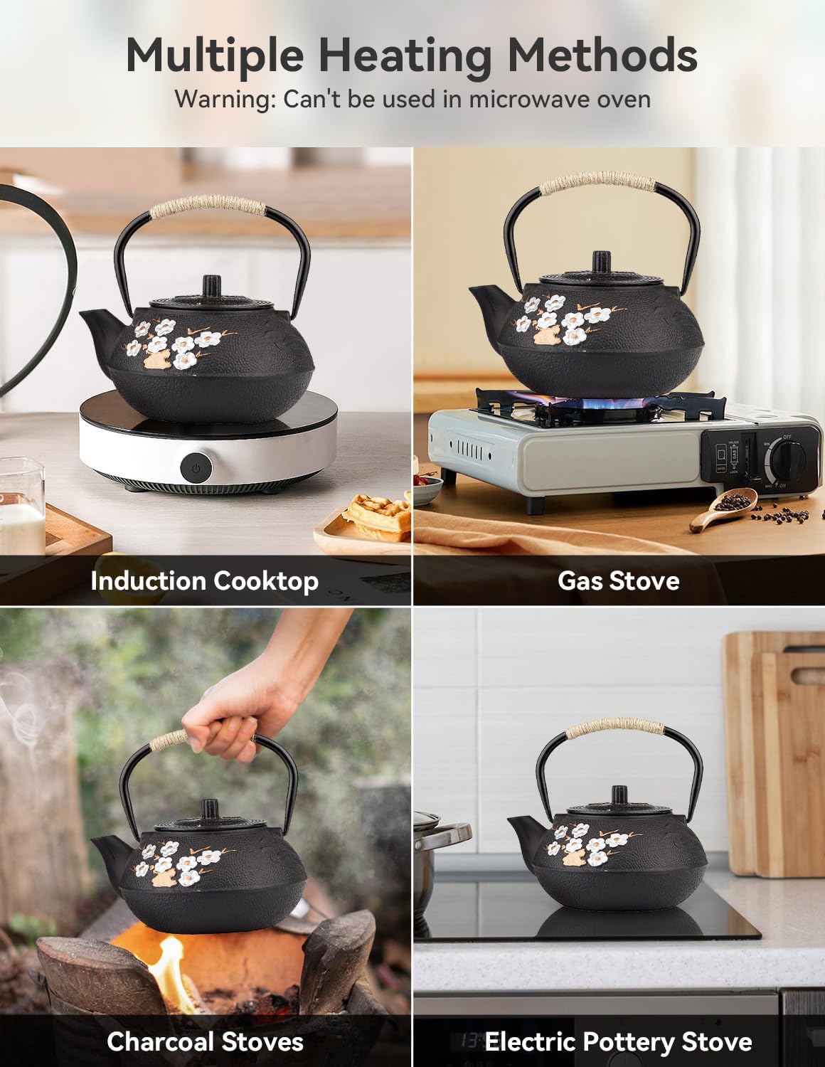 Japanese Plum Blossom Cast Iron Teapot with Infuser - Stovetop Safe Enameled Tea Kettle 10.14oz/300ml