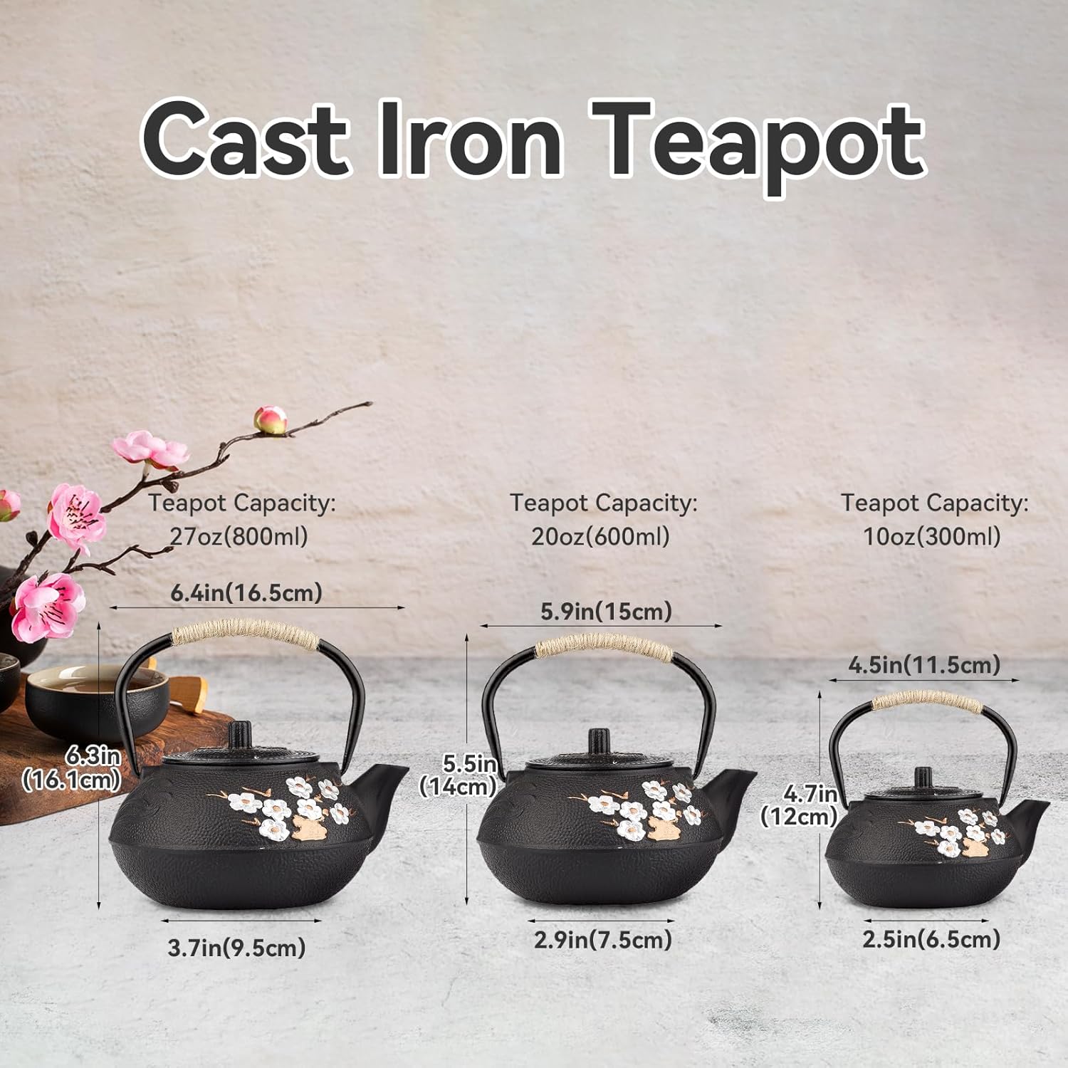 Japanese Plum Blossom Cast Iron Teapot with Infuser - Stovetop Safe Enameled Tea Kettle 10.14oz/300ml