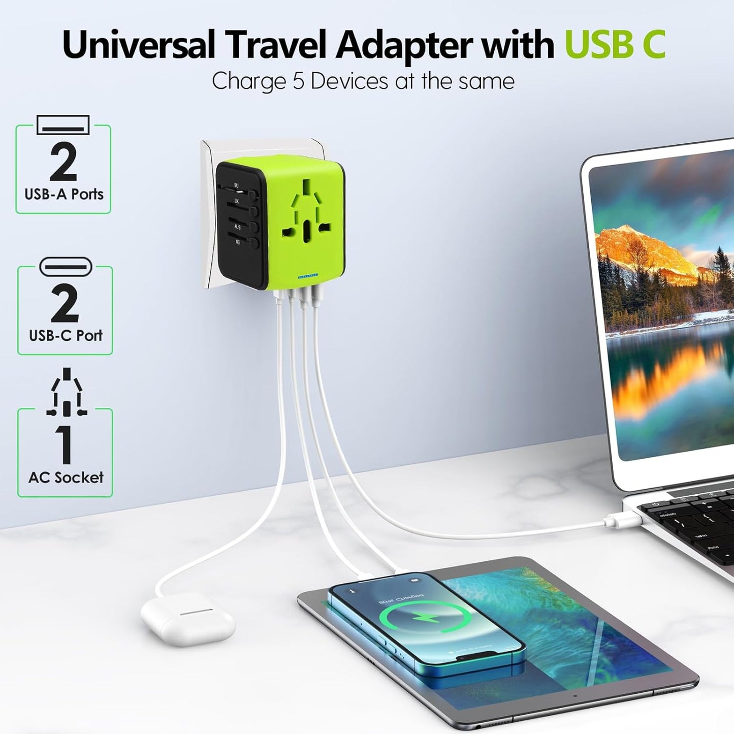 JMFONE Universal Travel Adapter with 4 USB Ports and Multi AC Sockets - Worldwide All in One High Speed Charger - Green