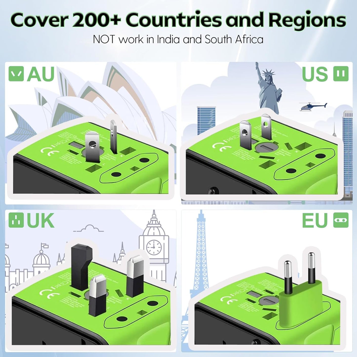 JMFONE Universal Travel Adapter with 4 USB Ports and Multi AC Sockets - Worldwide All in One High Speed Charger - Green