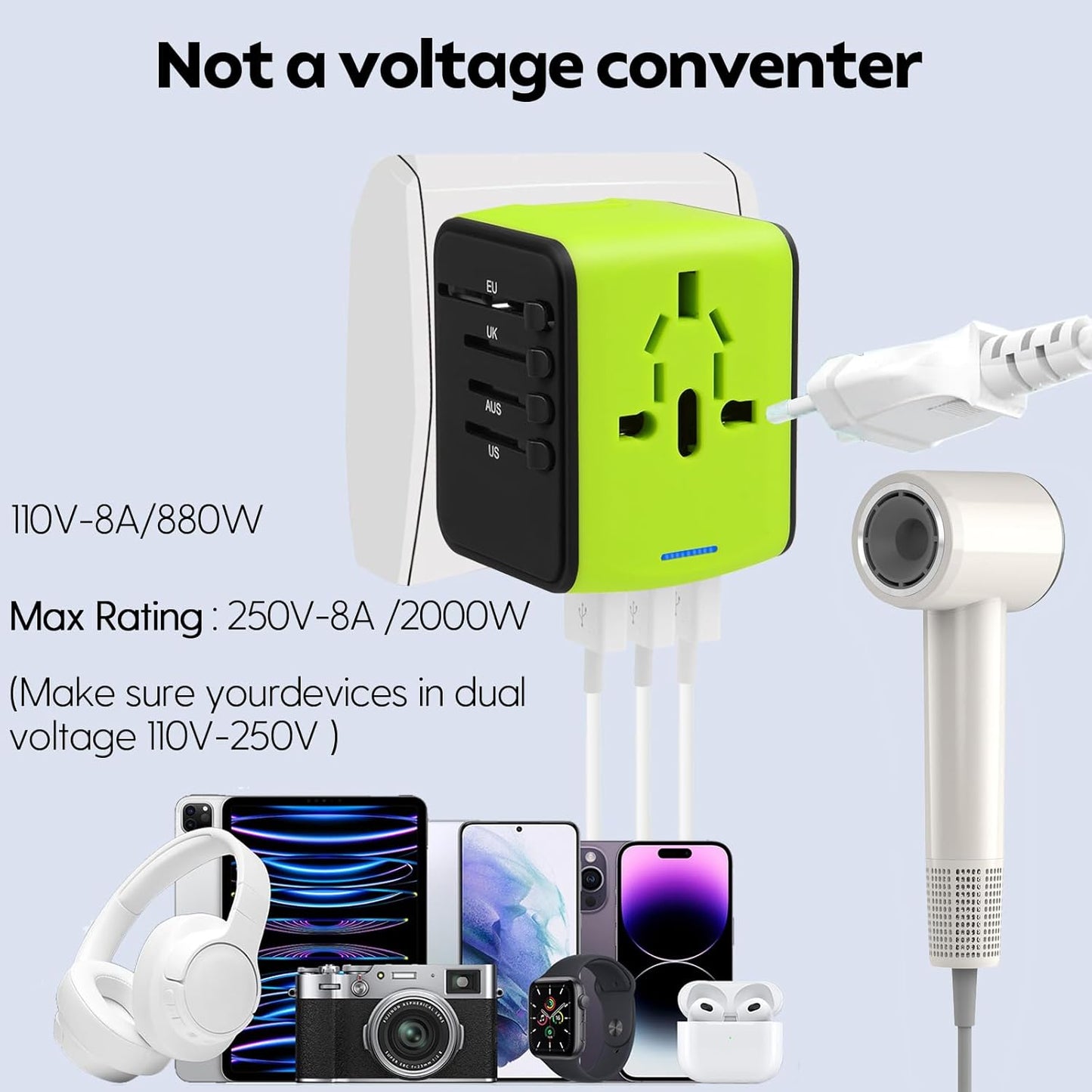 JMFONE Universal Travel Adapter with 4 USB Ports and Multi AC Sockets - Worldwide All in One High Speed Charger - Green