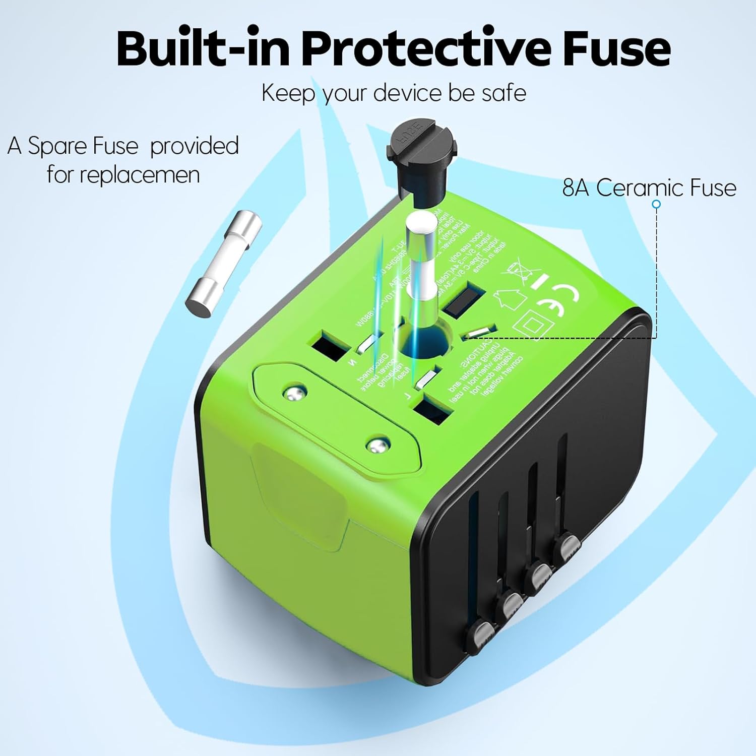 JMFONE Universal Travel Adapter with 4 USB Ports and Multi AC Sockets - Worldwide All in One High Speed Charger - Green