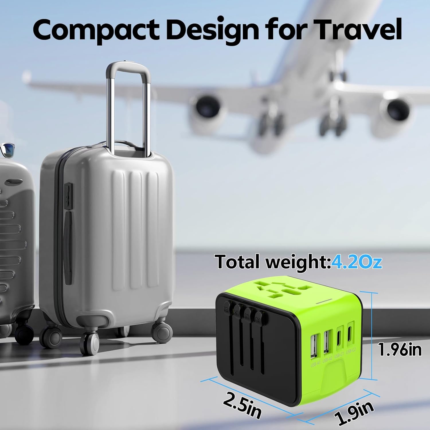 JMFONE Universal Travel Adapter with 4 USB Ports and Multi AC Sockets - Worldwide All in One High Speed Charger - Green