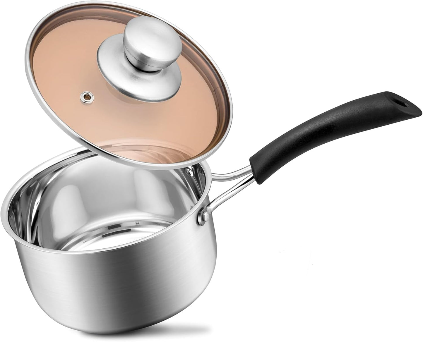 Joyfair 18/10 Stainless Steel Small Saucepan with Glass Lid, 1 Quart - Ideal for Cooking, Stewing, Boiling, and Soup - Dishwasher Safe and Heat-proof Bakelite Handle