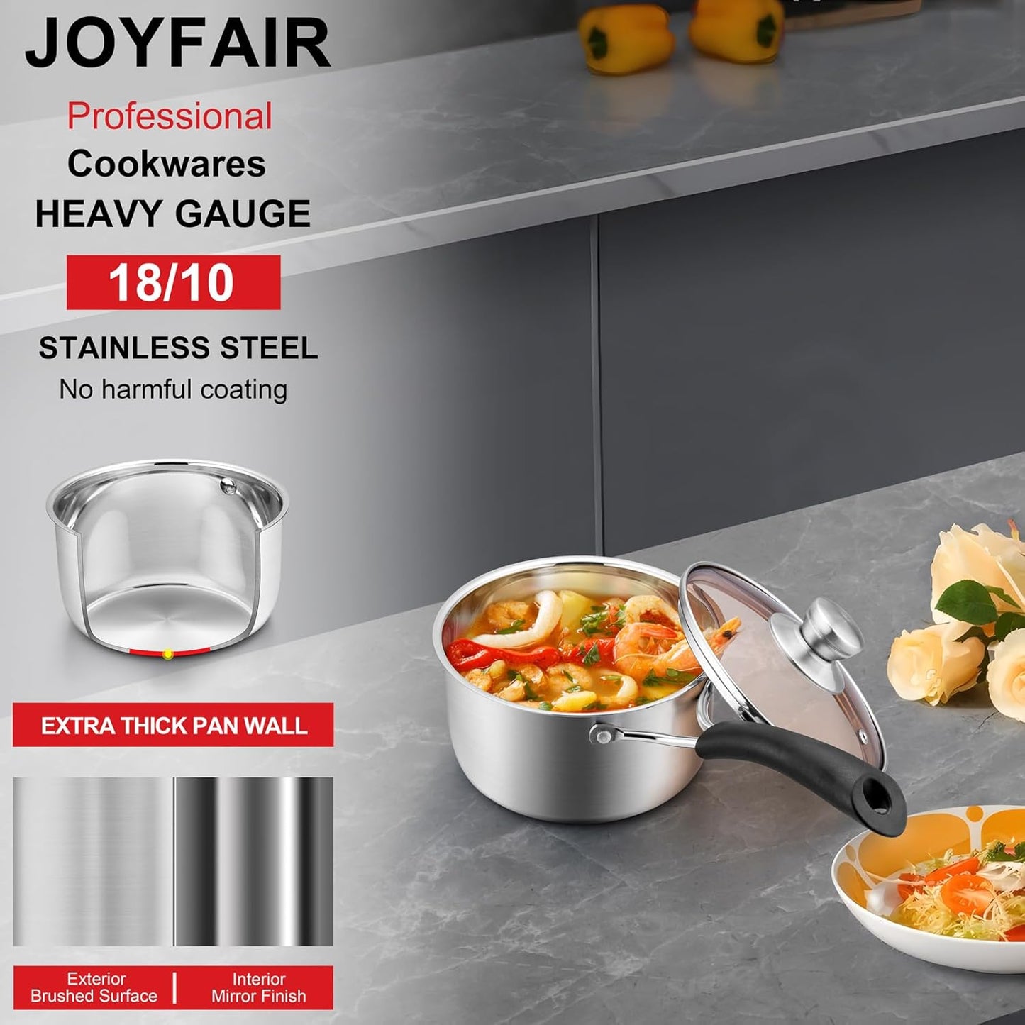 Joyfair 18/10 Stainless Steel Small Saucepan with Glass Lid, 1 Quart - Ideal for Cooking, Stewing, Boiling, and Soup - Dishwasher Safe and Heat-proof Bakelite Handle