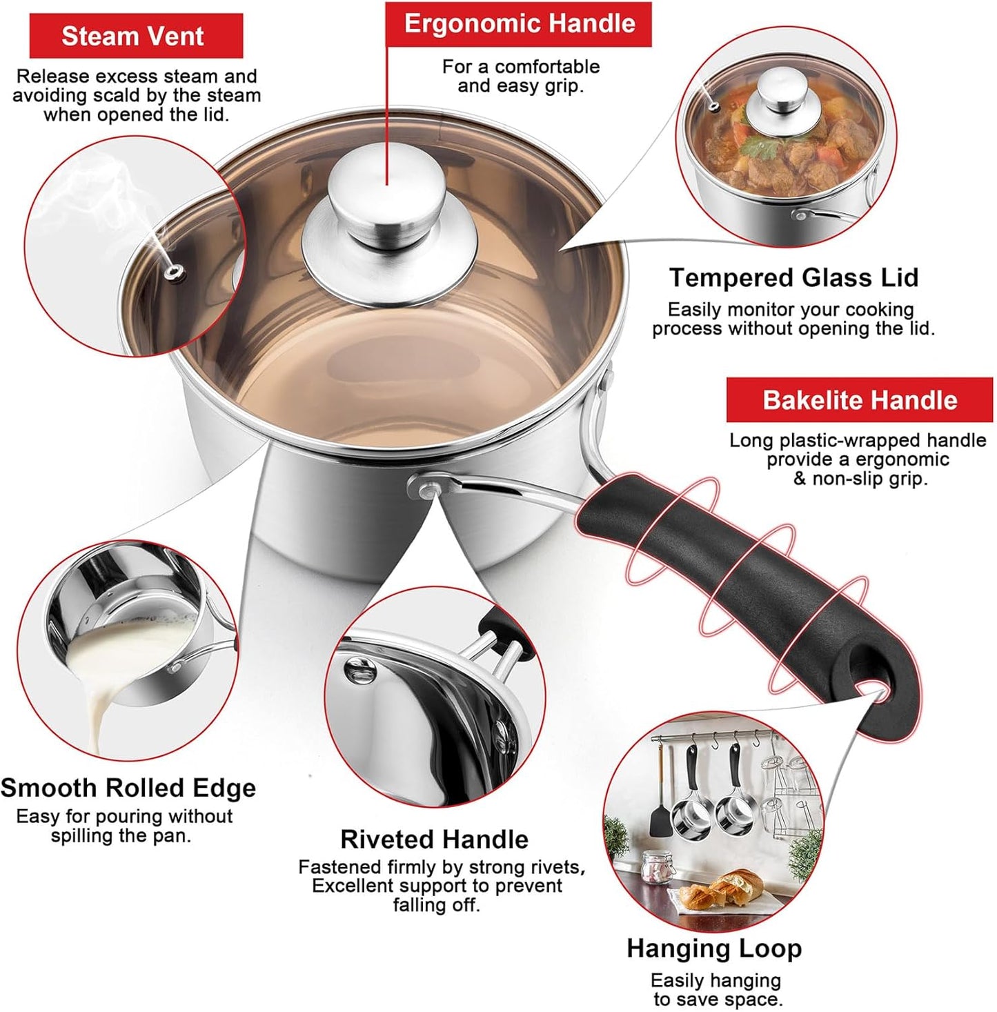 Joyfair 18/10 Stainless Steel Small Saucepan with Glass Lid, 1 Quart - Ideal for Cooking, Stewing, Boiling, and Soup - Dishwasher Safe and Heat-proof Bakelite Handle