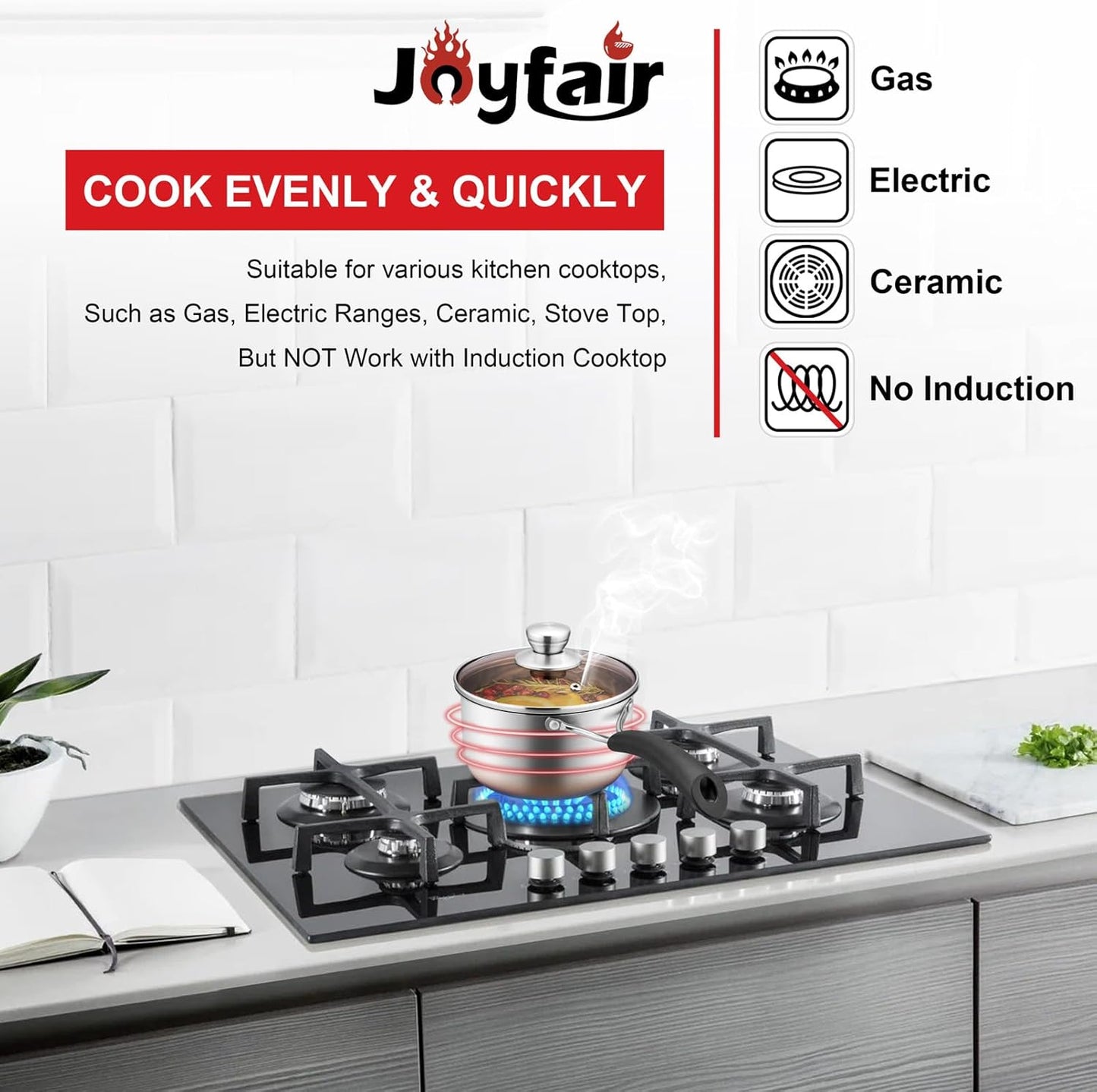 Joyfair 18/10 Stainless Steel Small Saucepan with Glass Lid, 1 Quart - Ideal for Cooking, Stewing, Boiling, and Soup - Dishwasher Safe and Heat-proof Bakelite Handle