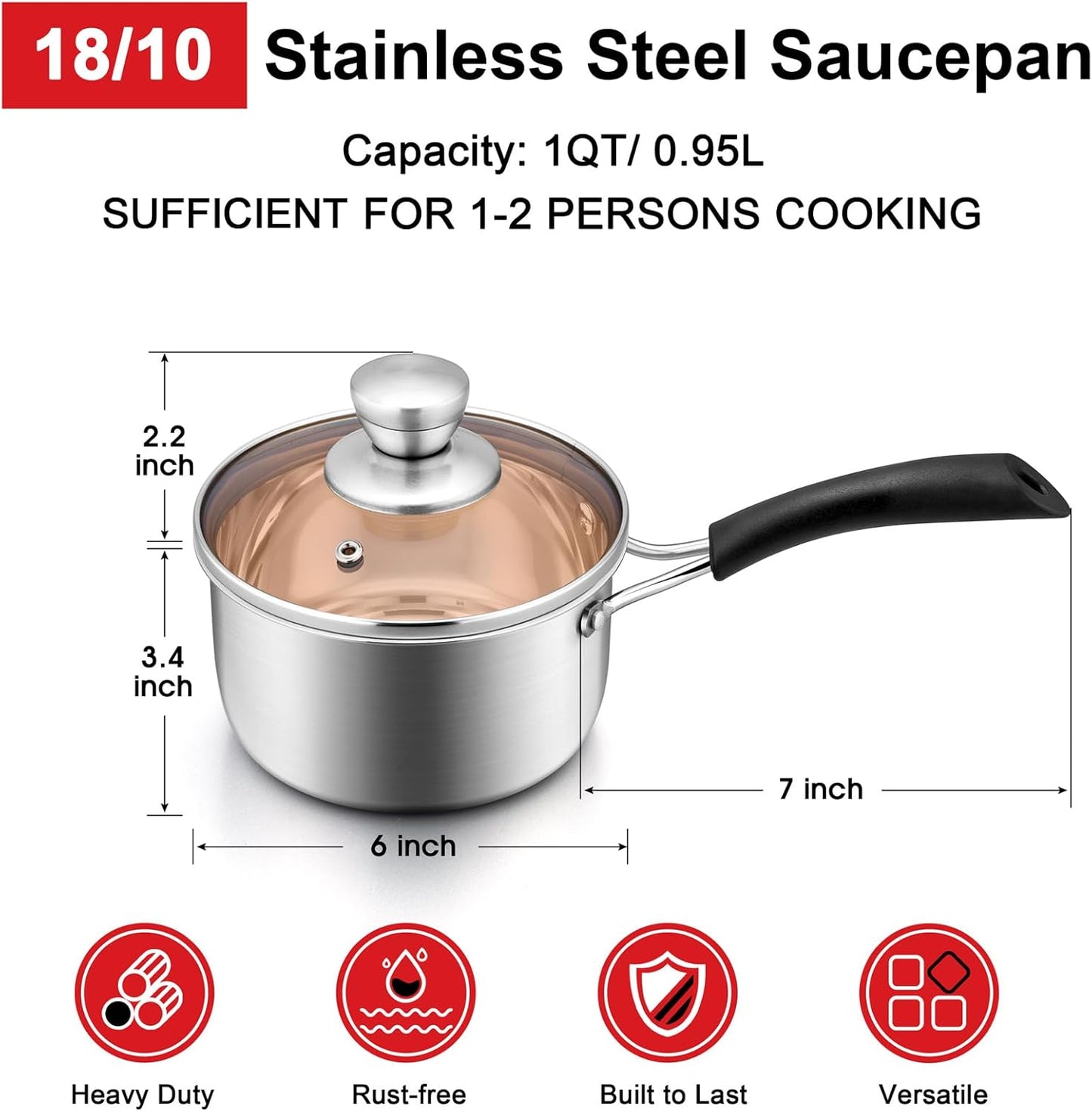 Joyfair 18/10 Stainless Steel Small Saucepan with Glass Lid, 1 Quart - Ideal for Cooking, Stewing, Boiling, and Soup - Dishwasher Safe and Heat-proof Bakelite Handle