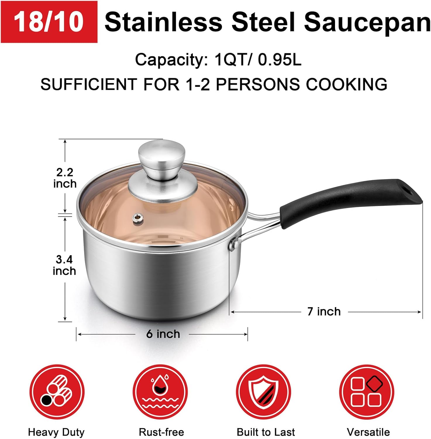 Joyfair 18/10 Stainless Steel Small Saucepan with Glass Lid, 1 Quart - Ideal for Cooking, Stewing, Boiling, and Soup - Dishwasher Safe and Heat-proof Bakelite Handle