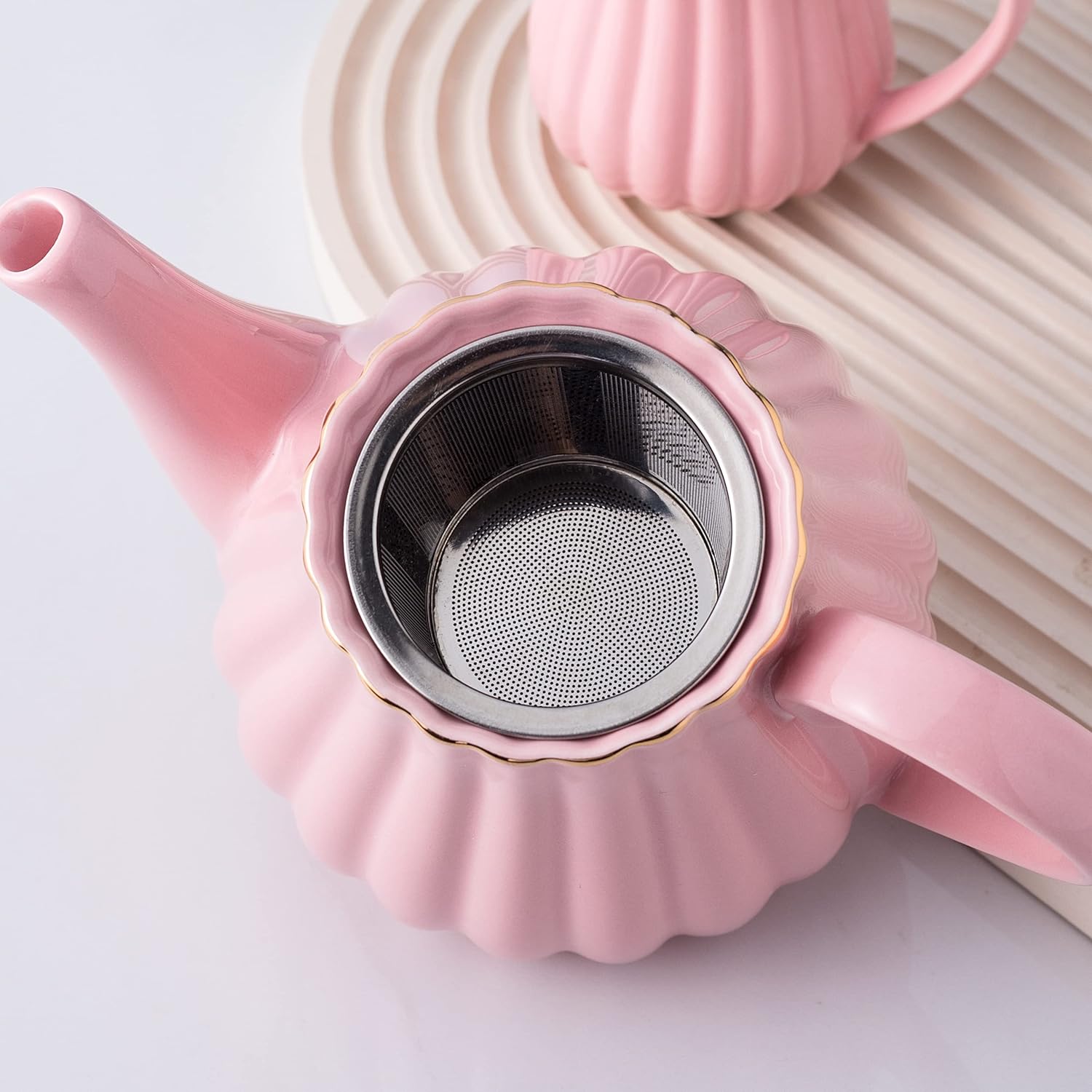 Jusalpha Pink Porcelain Teapot with Stainless Steel Infuser - 28 Ounce, Blooming & Loose Leaf Tea Pot for Home Decor