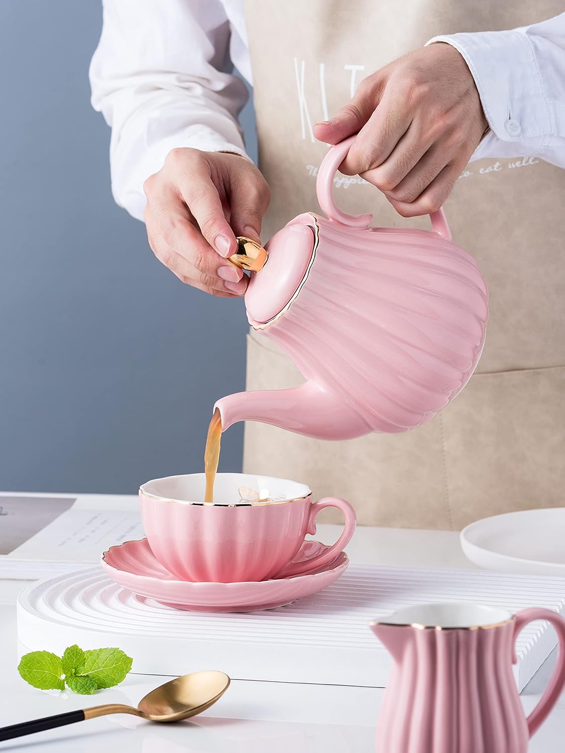 Jusalpha Pink Porcelain Teapot with Stainless Steel Infuser - 28 Ounce, Blooming & Loose Leaf Tea Pot for Home Decor
