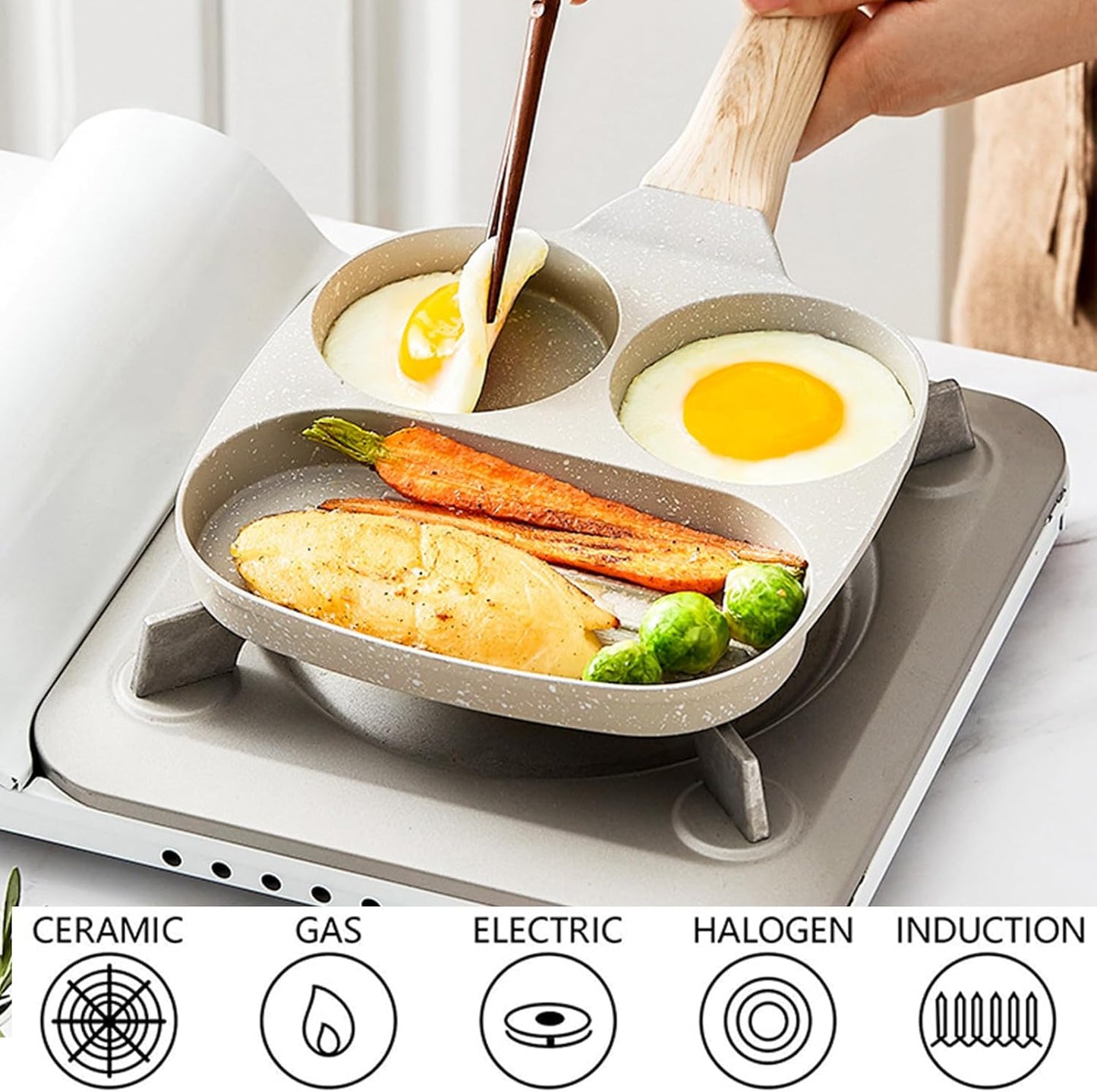 JUSTUP 3-in-1 Nonstick Divided Grill Frying Pan for Breakfast Cooking, 7.5 in White - Heat Resistant Handle Skillet Pan for Eggs, Bacon, Burgers