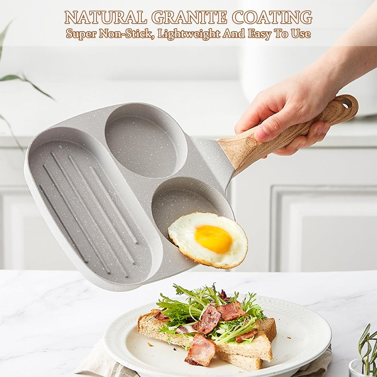 JUSTUP 3-in-1 Nonstick Divided Grill Frying Pan for Breakfast Cooking, 7.5 in White - Heat Resistant Handle Skillet Pan for Eggs, Bacon, Burgers