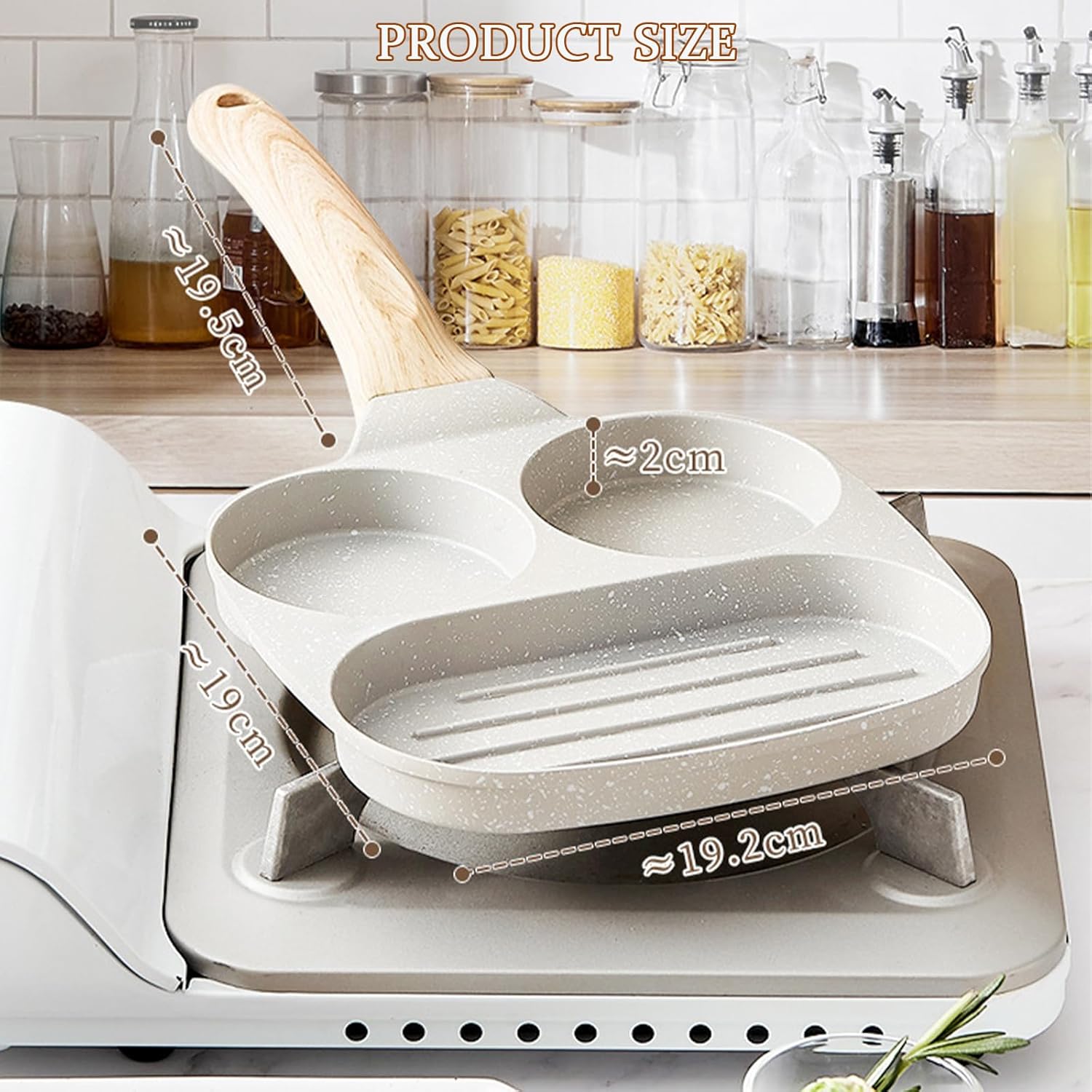 JUSTUP 3-in-1 Nonstick Divided Grill Frying Pan for Breakfast Cooking, 7.5 in White - Heat Resistant Handle Skillet Pan for Eggs, Bacon, Burgers