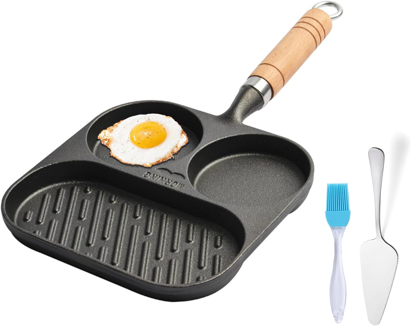 JUSTUP 3-Section Cast Iron Egg Pan with Wooden Handle - Nonstick Mini Skillet Pan for Breakfast, Steak, and Burgers