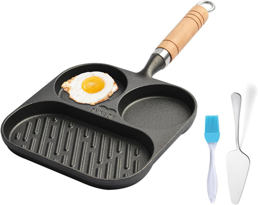 JUSTUP 3-Section Cast Iron Egg Pan with Wooden Handle - Nonstick Mini Skillet Pan for Breakfast, Steak, and Burgers