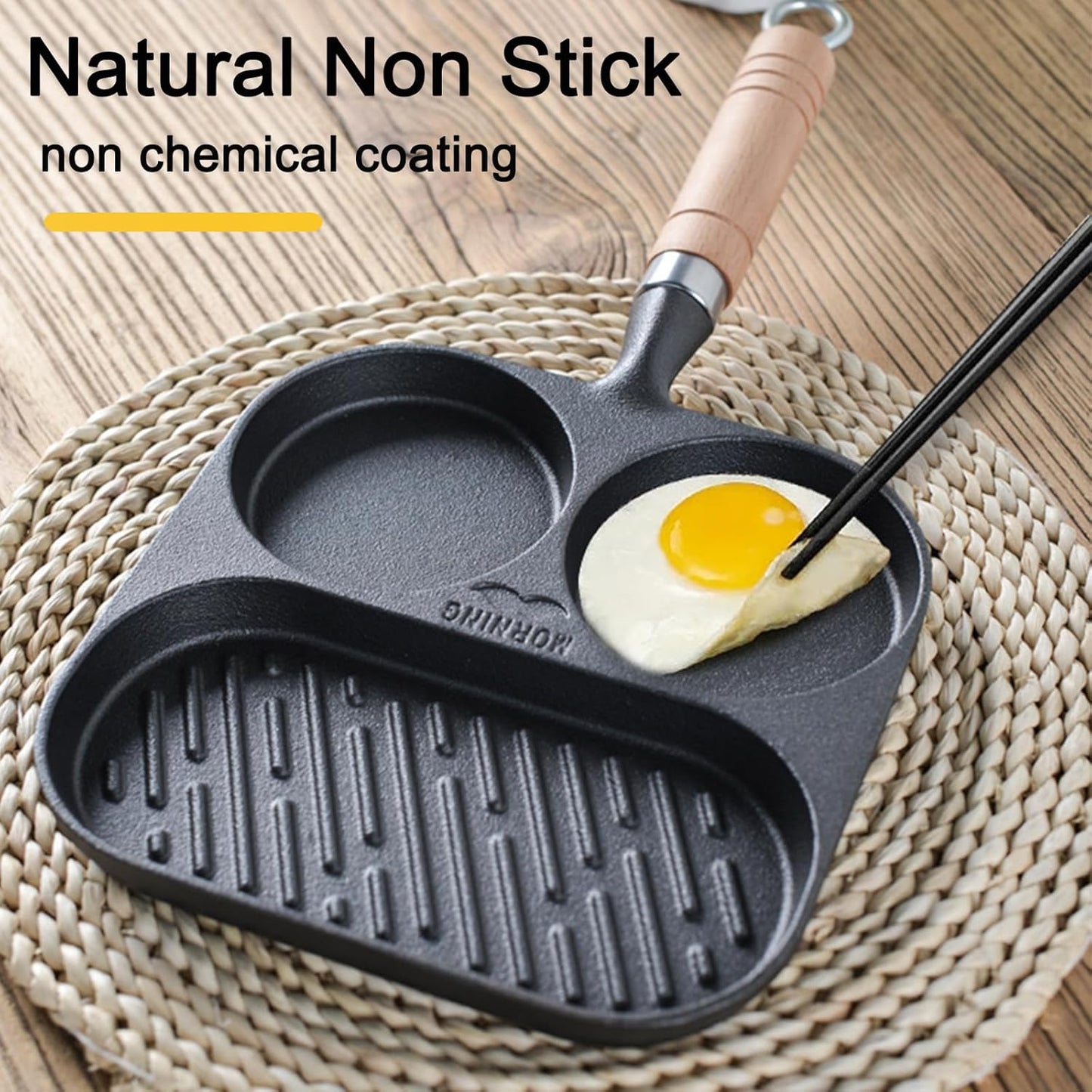 JUSTUP 3-Section Cast Iron Egg Pan with Wooden Handle - Nonstick Mini Skillet Pan for Breakfast, Steak, and Burgers