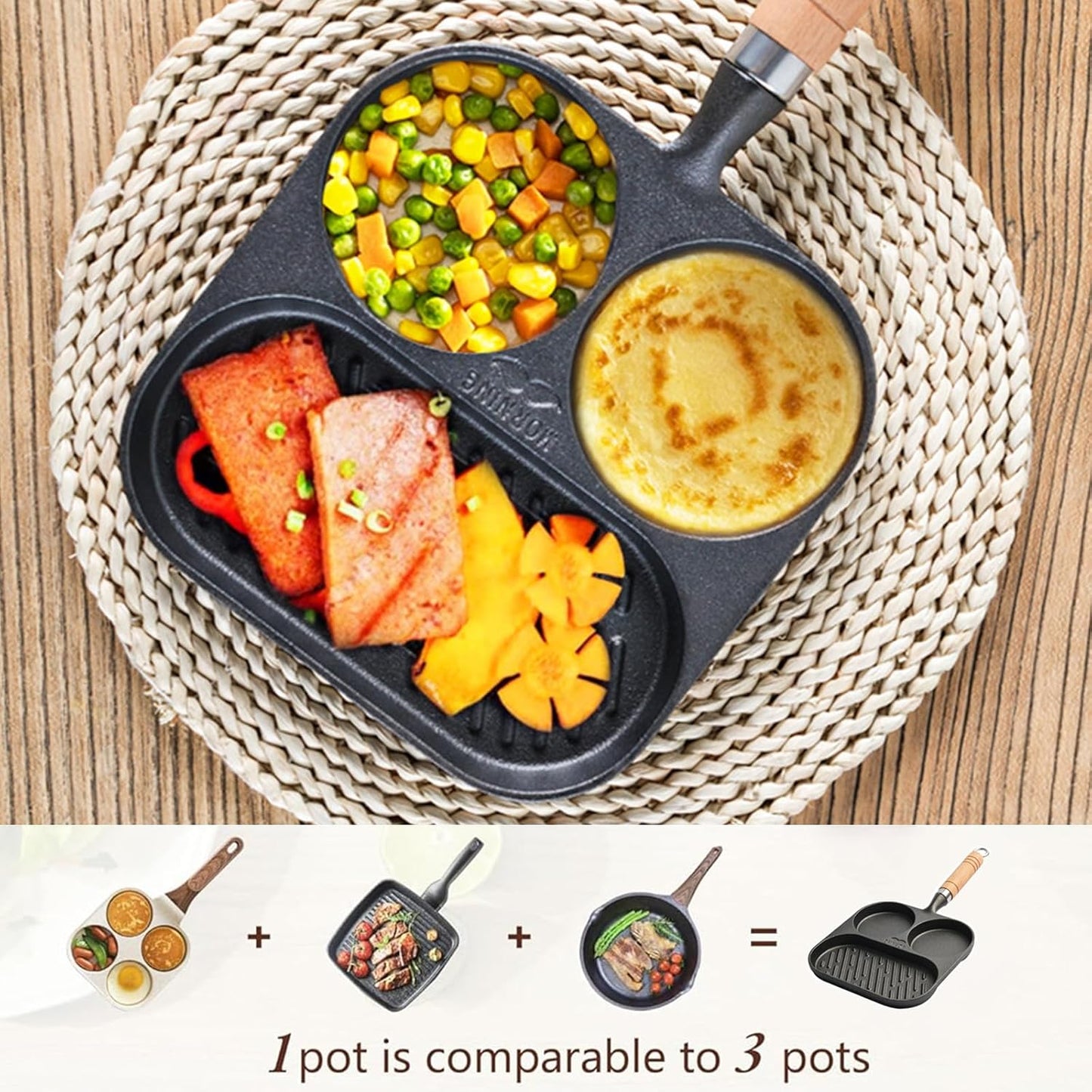 JUSTUP 3-Section Cast Iron Egg Pan with Wooden Handle - Nonstick Mini Skillet Pan for Breakfast, Steak, and Burgers