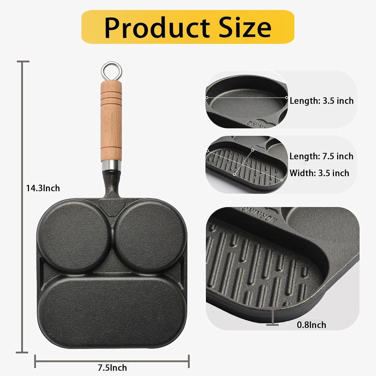 JUSTUP 3-Section Cast Iron Egg Pan with Wooden Handle - Nonstick Mini Skillet Pan for Breakfast, Steak, and Burgers