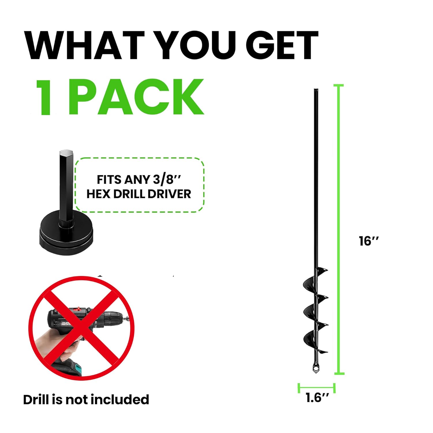 K-Brands 1.6 x 16 Inch Auger Drill Bit for Planting - Garden Spiral Hole & Bulb Planter Tool - Fits 3/8 Inch Hex Drive