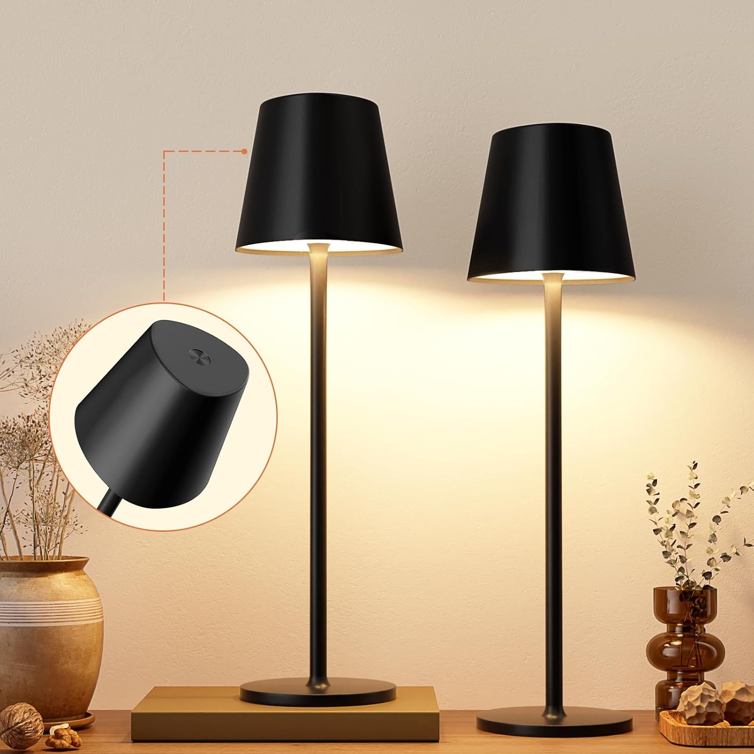 Kakanuo Cordless Table Lamp, Stepless Dimming, Rechargeable Battery, LED Lamps for Indoor/Outdoor - Black