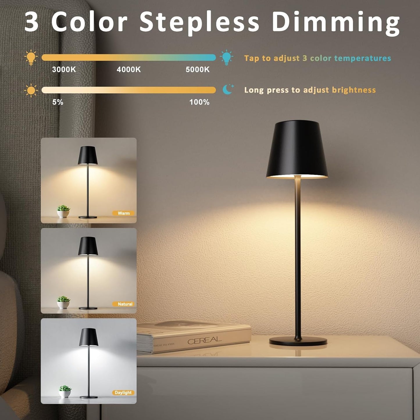 Kakanuo Cordless Table Lamp, Stepless Dimming, Rechargeable Battery, LED Lamps for Indoor/Outdoor - Black